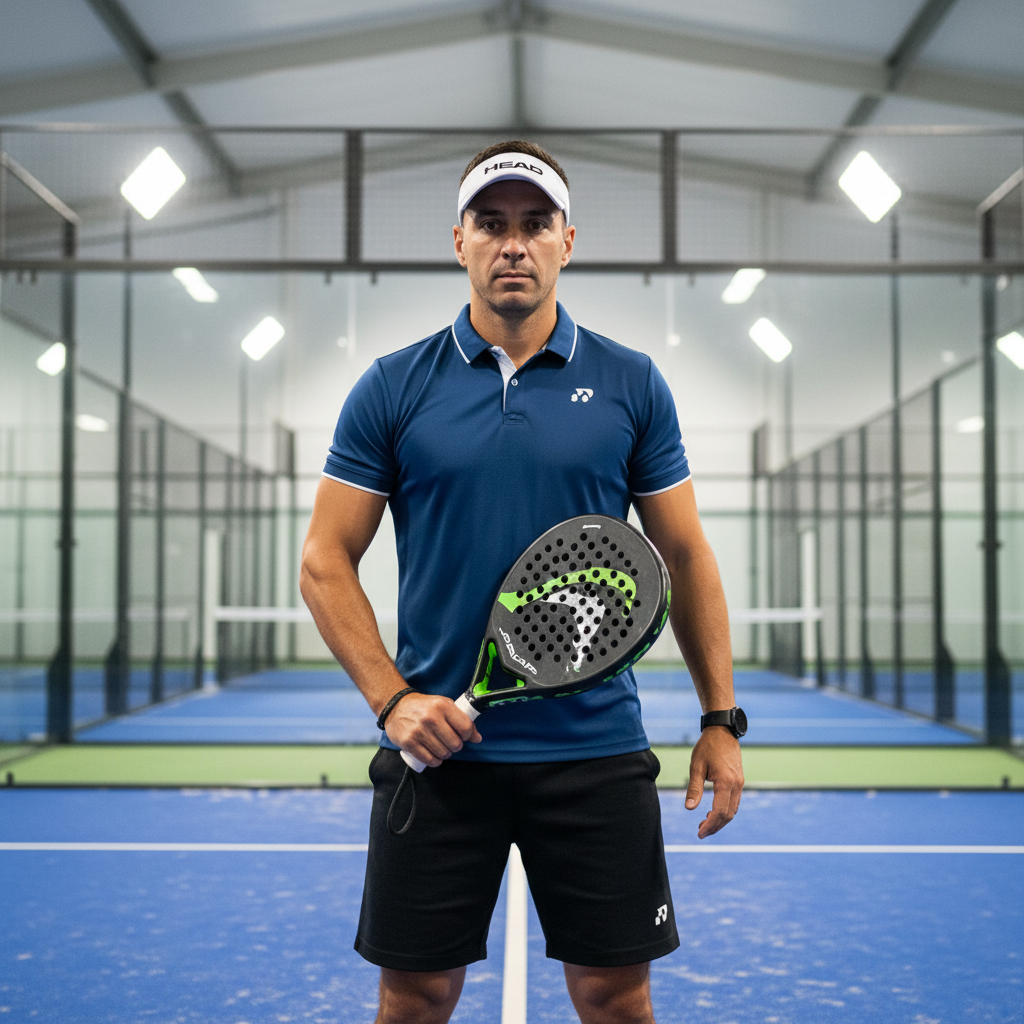 Marcos Delgado, head padel coach, standing on an indoor court with racket raised, confident posture under LED lighting