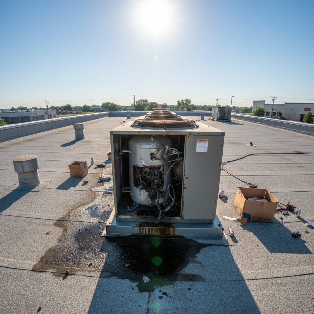 Commercial rooftop HVAC unit with failed compressor on restaurant building in summer heat
