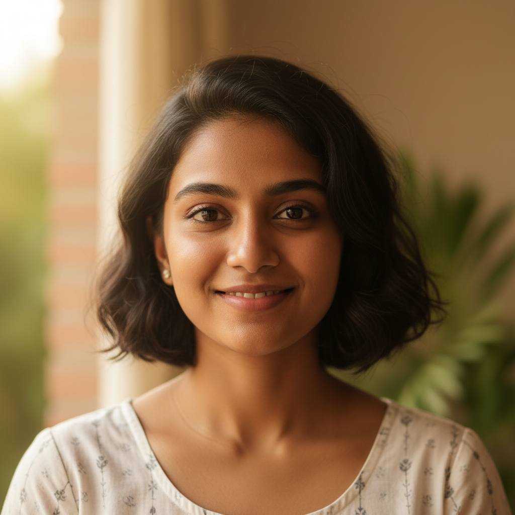 Young Indian woman with long hair and an enthusiastic smile, wearing casual attire