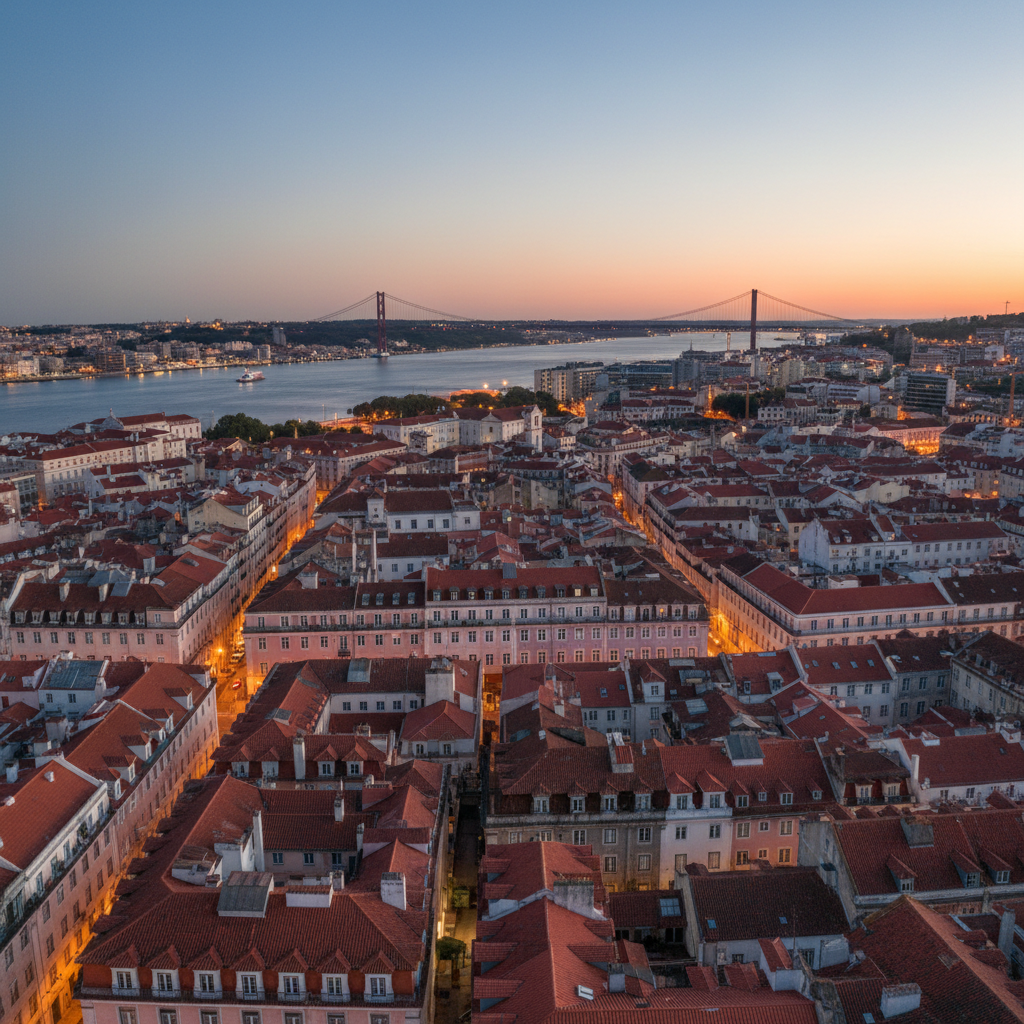 Aerial view of Lisbon Chiado neighborhood with terracotta rooftops, the Tagus river, and April 25th bridge at dusk