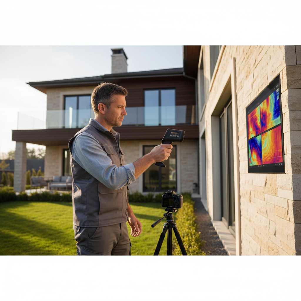 Engineer conducting thermal imaging audit on building with infrared camera