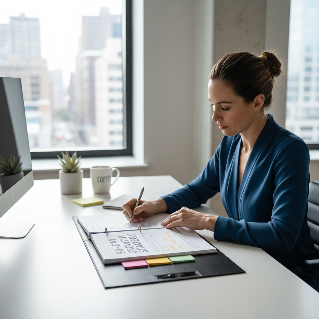 Professional woman at a clean desk reviewing marketing strategy documents in a bright, modern office environment
