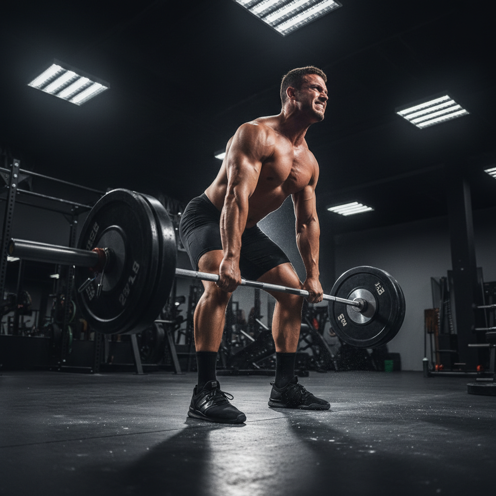 Muscular athlete lifting heavy barbell in a dark gym