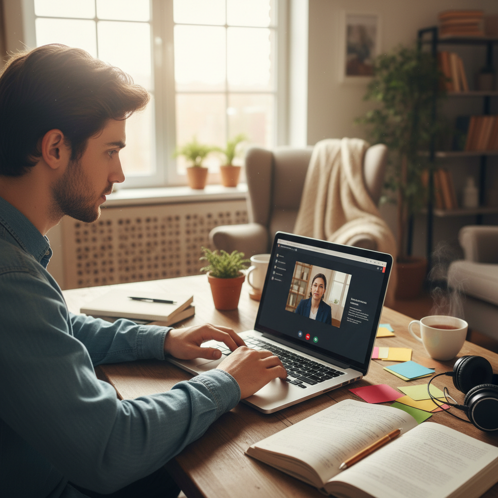 Person learning on laptop at home, online education concept, warm home office setting