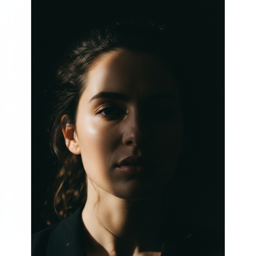 Elena Vasquez, creative director, dramatic portrait with cinematic side lighting against dark background