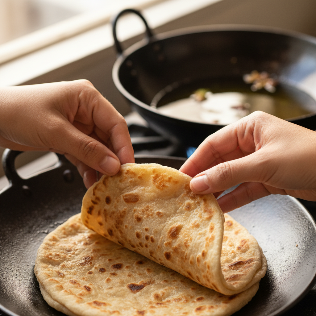 Handen die roti vouwen op een gietijzeren tawa, olie glimt in de wok op de achtergrond