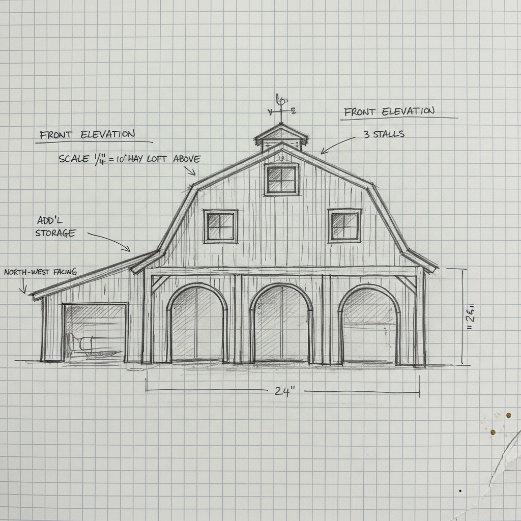 Hand-drawn architectural sketch of a small three-stall barn on graph paper with pencil annotations