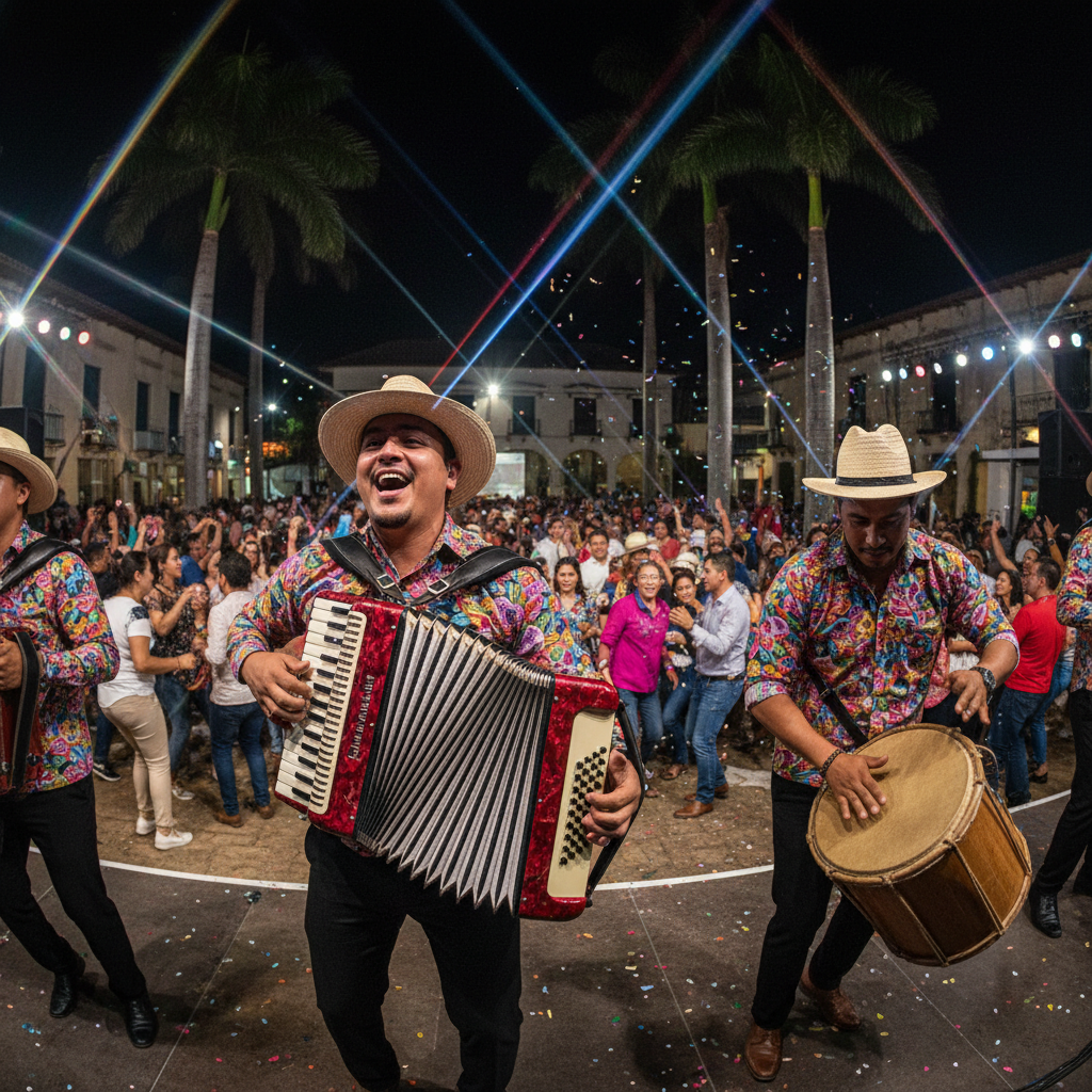 Colombian accordion player performing vallenato music at a traditional festival with warm golden evening light