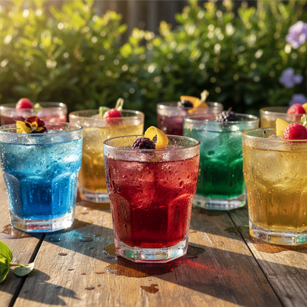 Vibrant jewel-toned shrub cocktails sweating in afternoon light