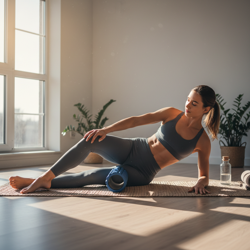 Woman using foam roller for muscle recovery in a calm setting