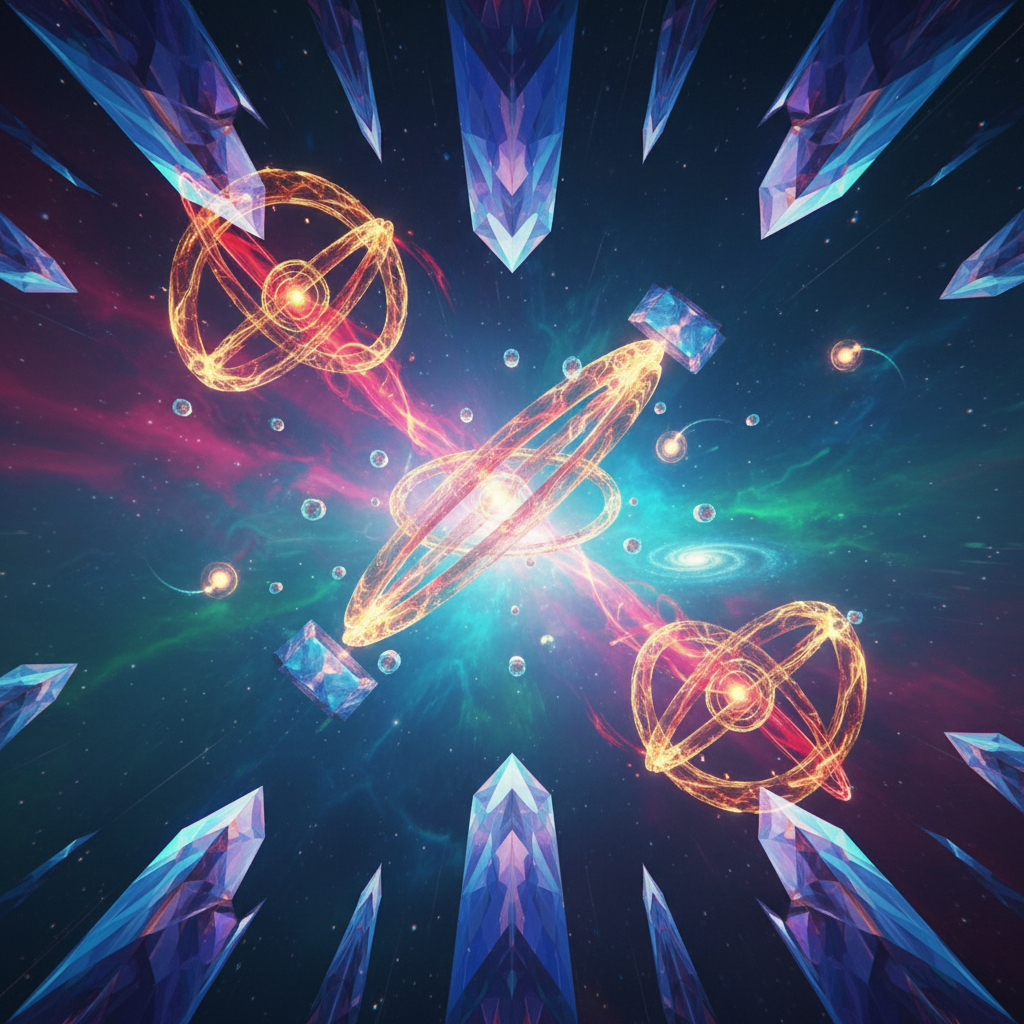 Vibrant digital illustration with surreal cosmic landscape glowing nebula colors on dark space background