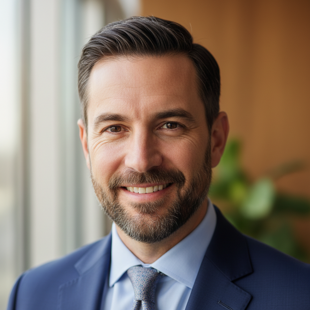 Confident male investment advisor in dark suit with warm professional expression
