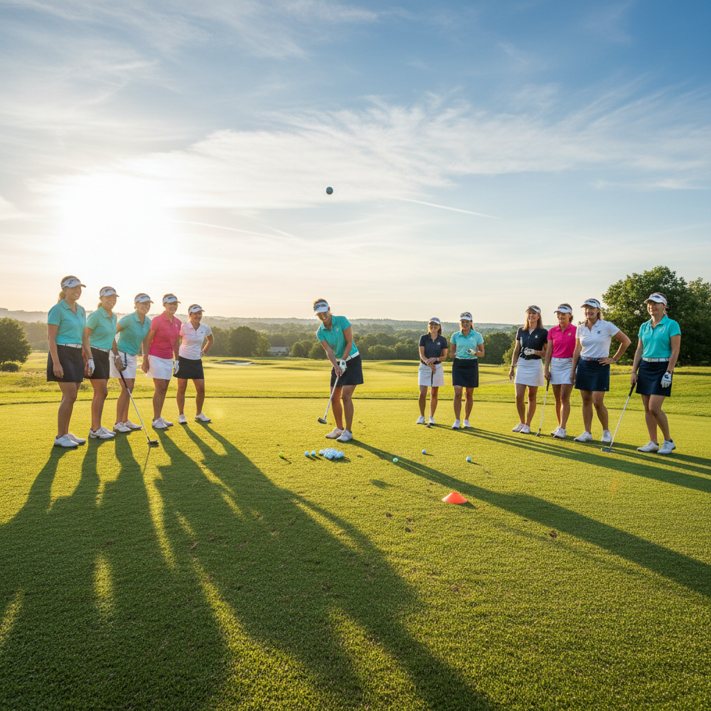 Women's golf clinic group laughing during short-game drills