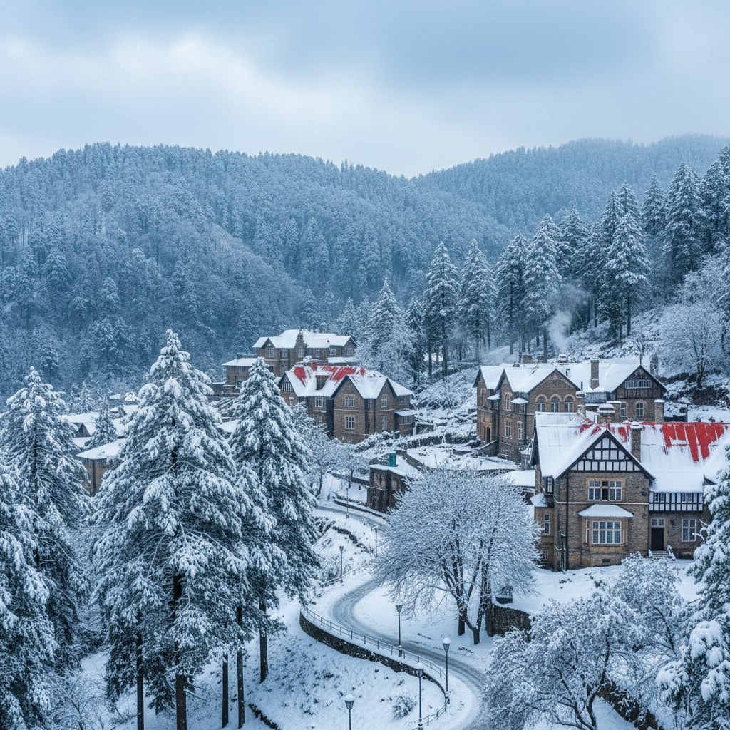 Shimla hill station with colonial architecture and pine trees covered in snow