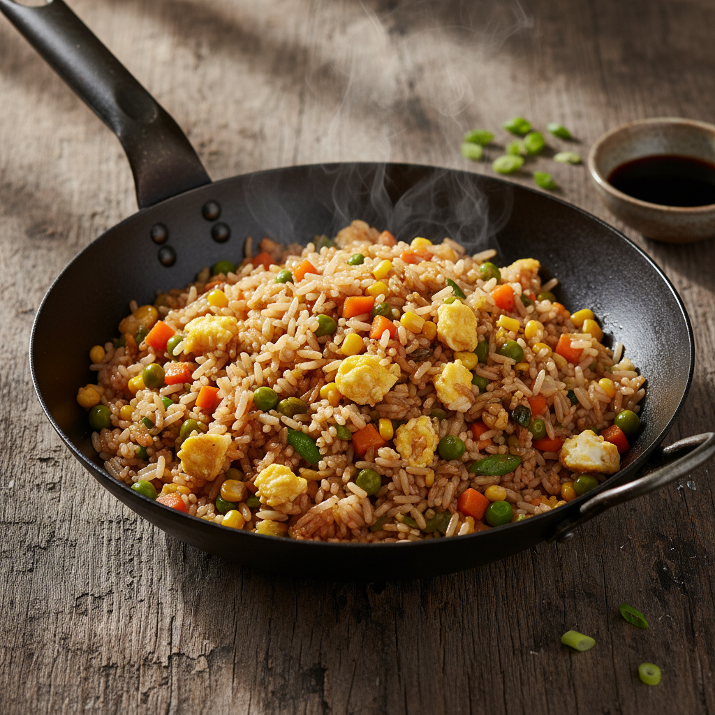 Wok-tossed egg fried rice with vegetables and soy sauce in a bowl