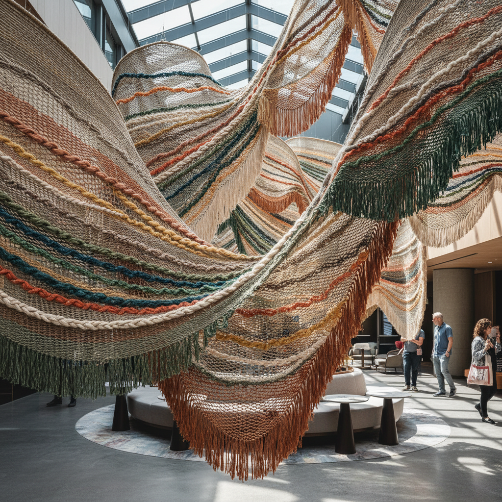 Colorful textile installation with woven fabrics hanging from ceiling in gallery space