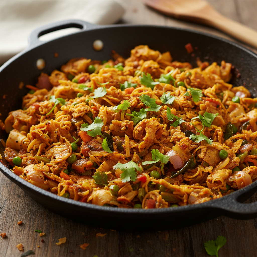 Chicken kothu parota shredded flatbread stir-fried with chicken and spices