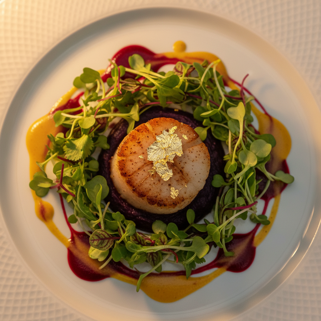 Fine dining dessert course with gold leaf garnish on black plate in atmospheric setting