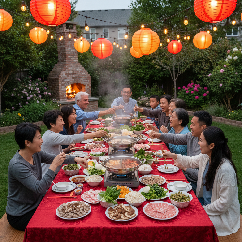 Hotpot party in suburban backyard with string lights, paper lanterns and red silk tablecloths for 30 guests