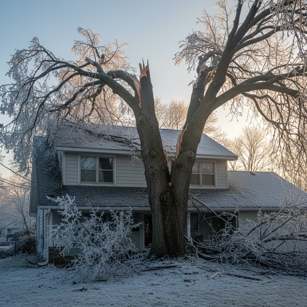 Large maple tree with split crown resting on residential roof after ice storm, morning light showing extent of damage