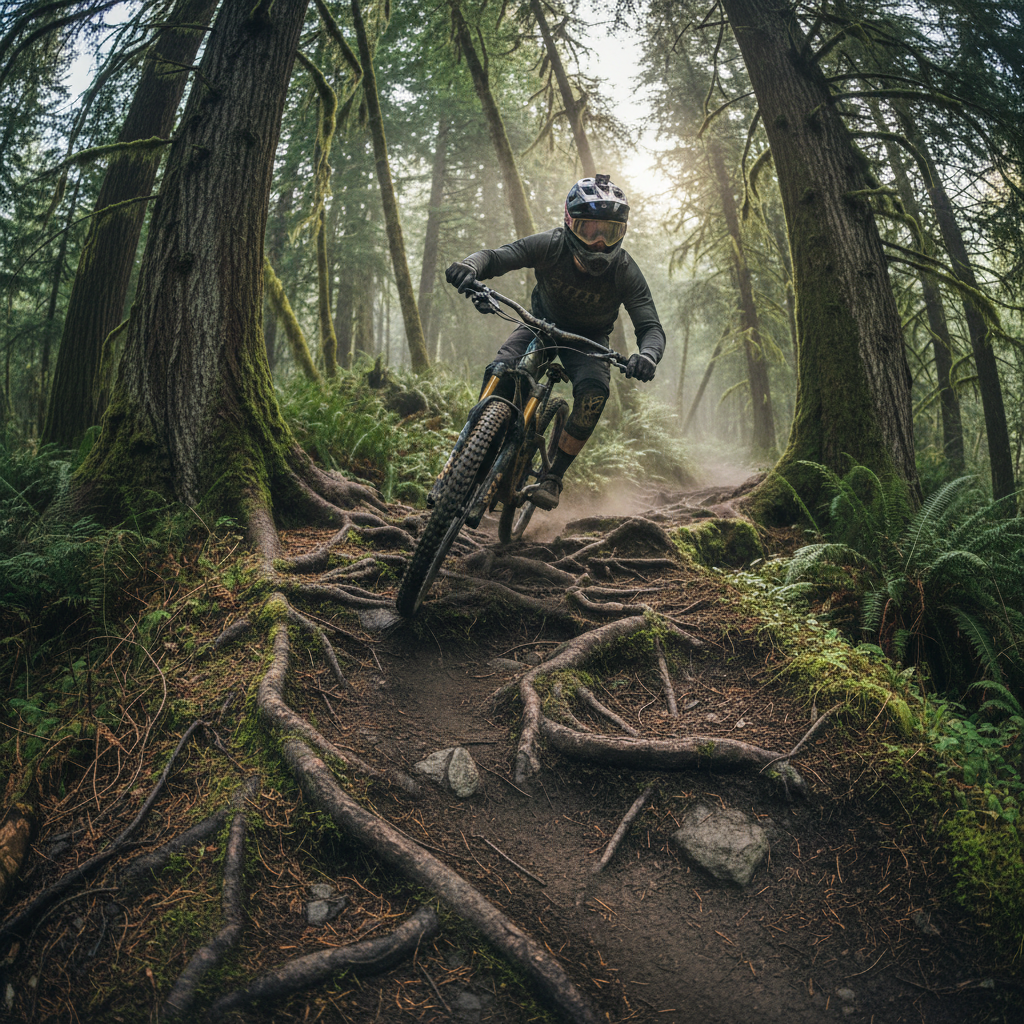 Mountain biker descending steep rooted trail in low light