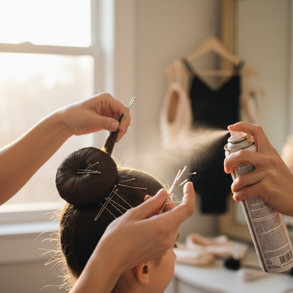 Dance mom carefully styling her daughter's hair into a ballet bun with pins and hairspray