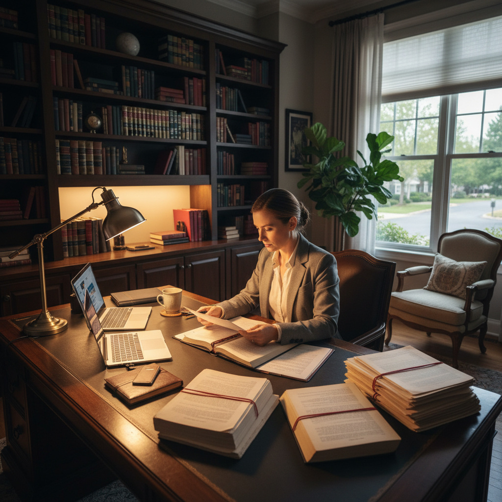 Attorney reviewing legal documents at desk in atmospheric low-key office lighting