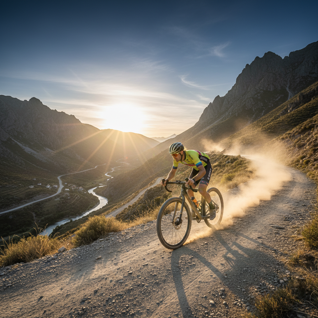 Cyclist grinding up a mountain stage with dust rising around the wheels