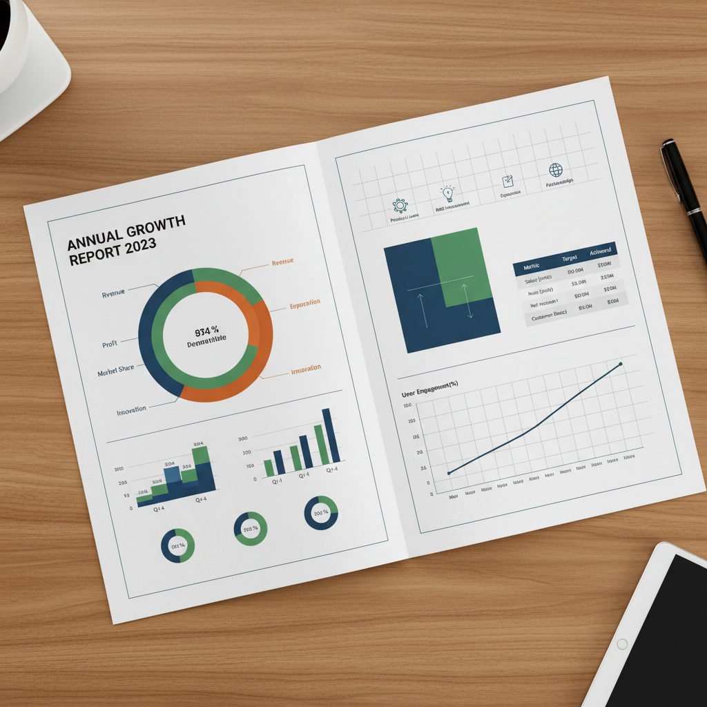 Annual report spread with precise grid system and data visualization