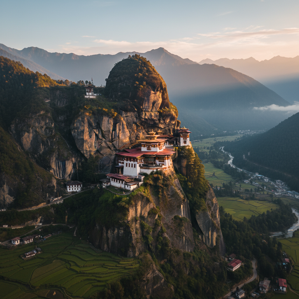Paro Valley aerial view with Tiger's Nest monastery at golden hour