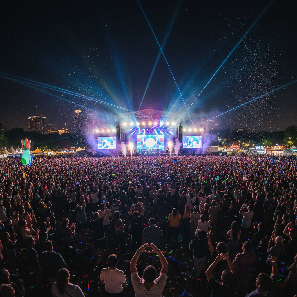 Concert crowd with stage lighting at major music festival