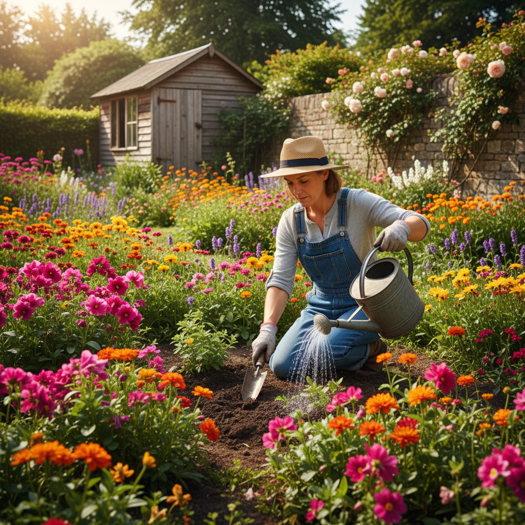 Gardener tending to lush garden beds with colorful flowering plants and healthy green foliage