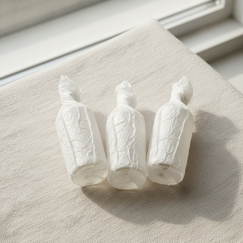 Soothe starter kit three pale glass bottles wrapped in tissue paper on linen surface