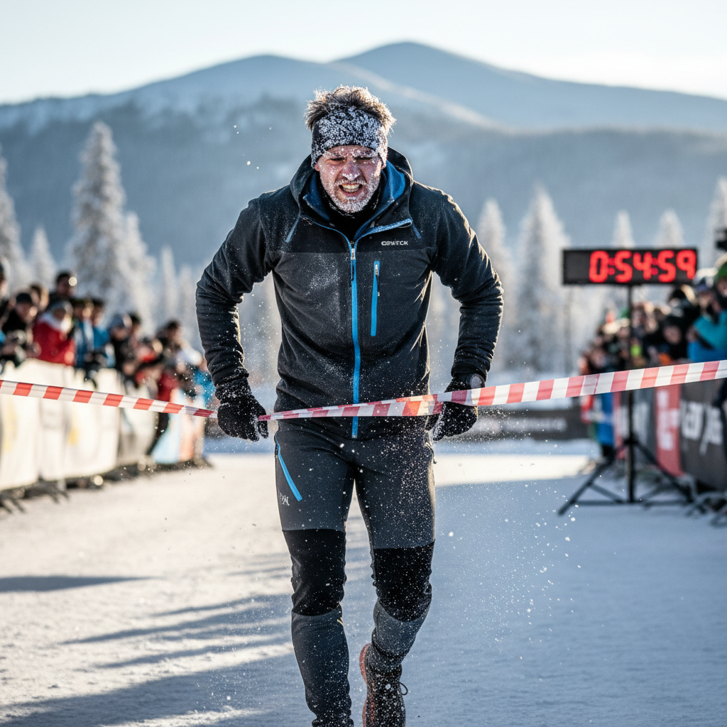 Athlete with ice crystals on face and eyelashes crossing finish line, medal visible against Gore-Tex jacket