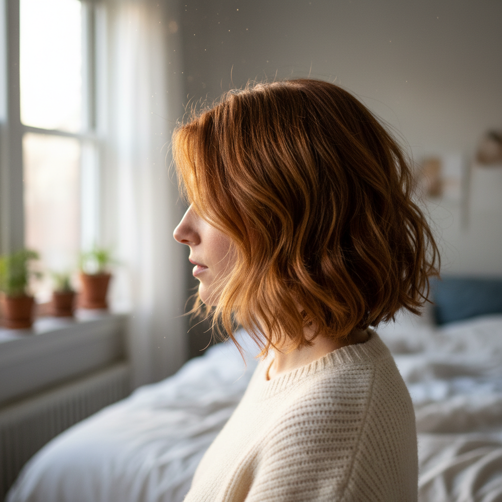 Textured lob, client photographed by bedroom window