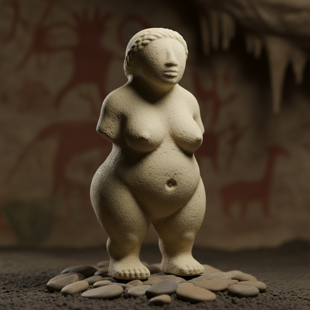 Small rounded limestone figurine of female form, ancient paleolithic sculpture with exaggerated features