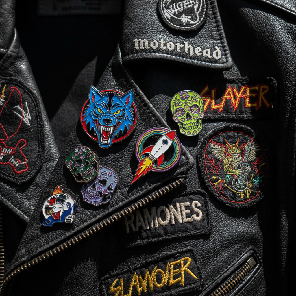 Leather jacket lapel covered in handmade enamel pins and band patches under harsh light