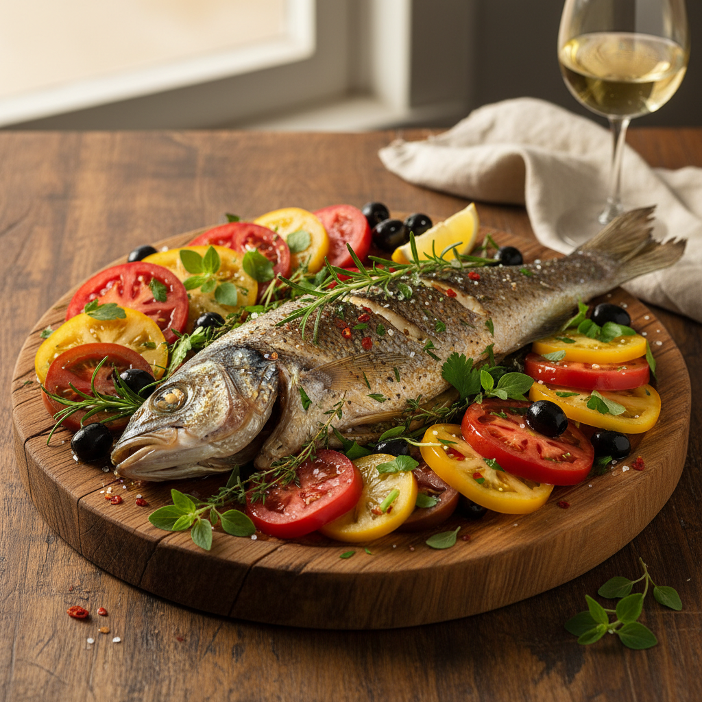 Whole sea bass fillet poached in tomato broth with olives and capers in a white pan