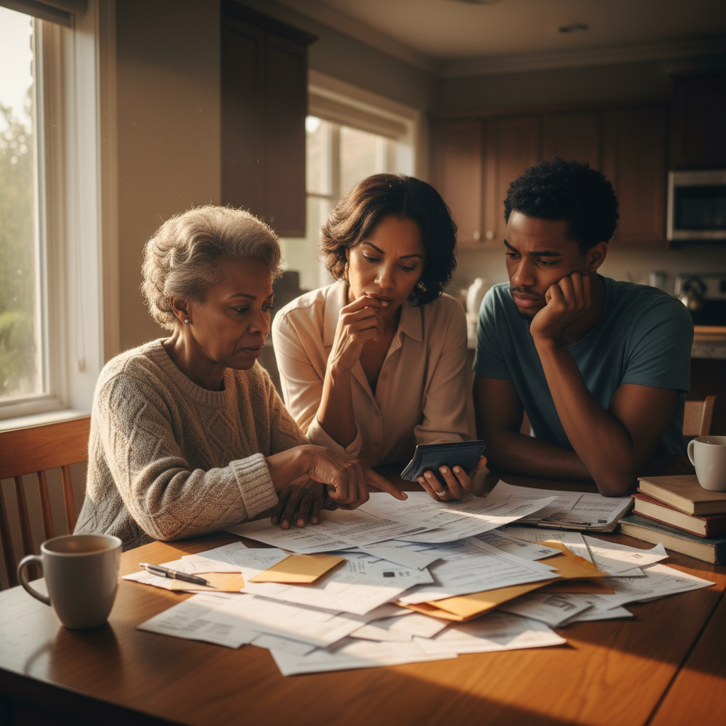Familia hispana preocupada revisando facturas y documentos financieros en la mesa de la cocina