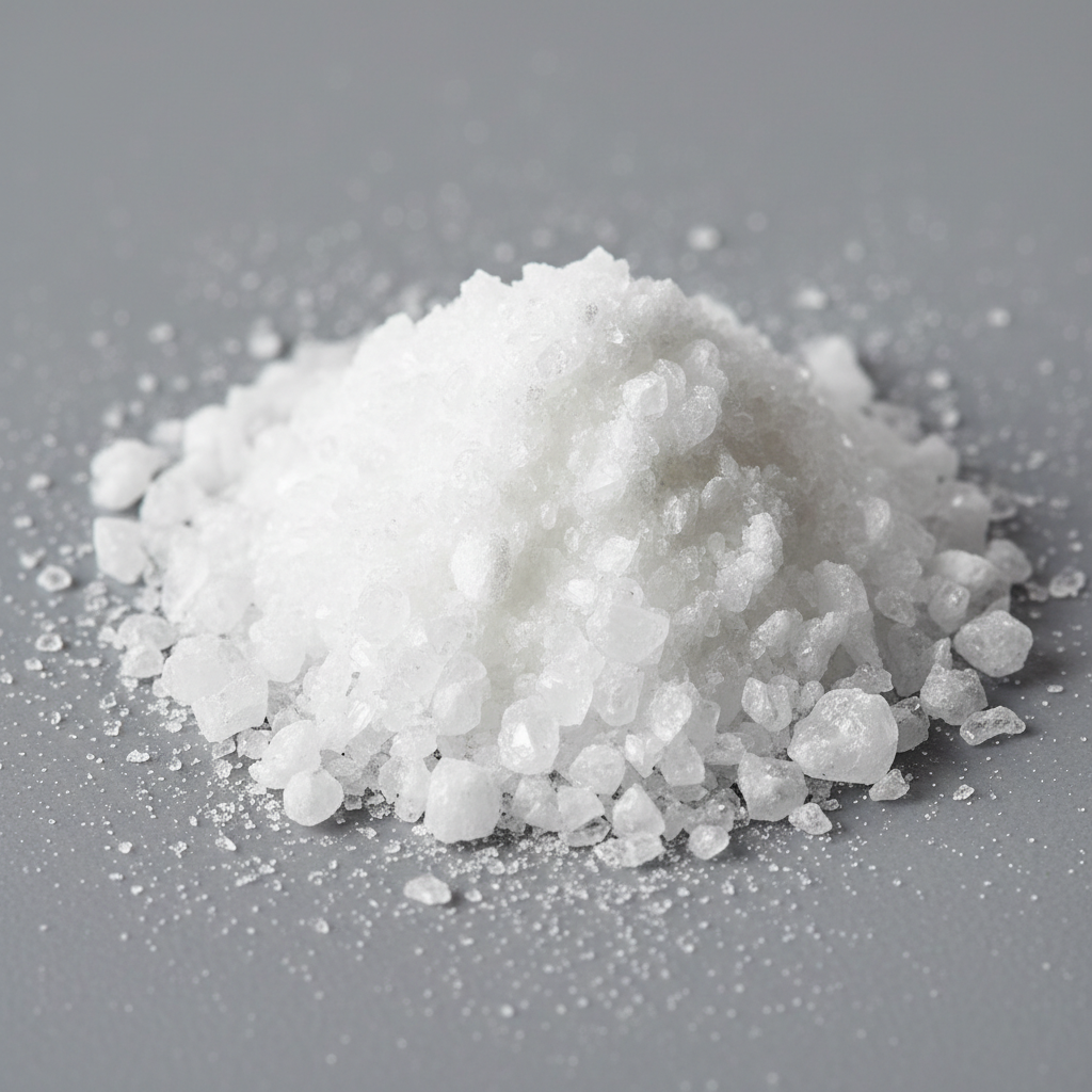 Crystalline amino acid powder in white clinical laboratory environment, top-down view