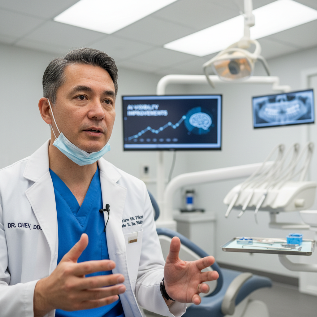 Dr. James Okafor at his dental practice discussing AI visibility improvements