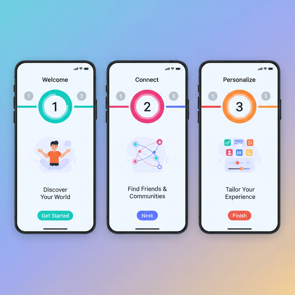 Mobile onboarding screen design with step indicators and welcome illustration
