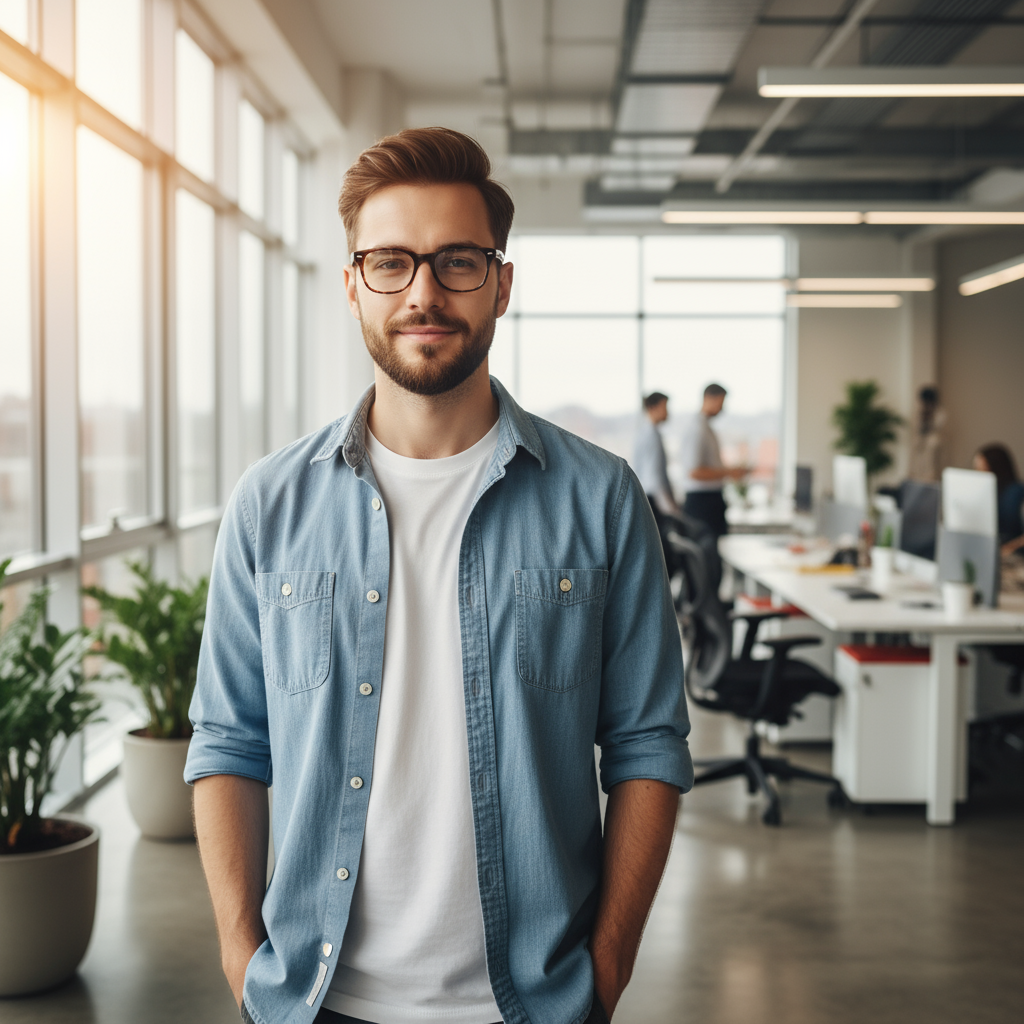Young professional man with glasses, casual smart attire, bright office background