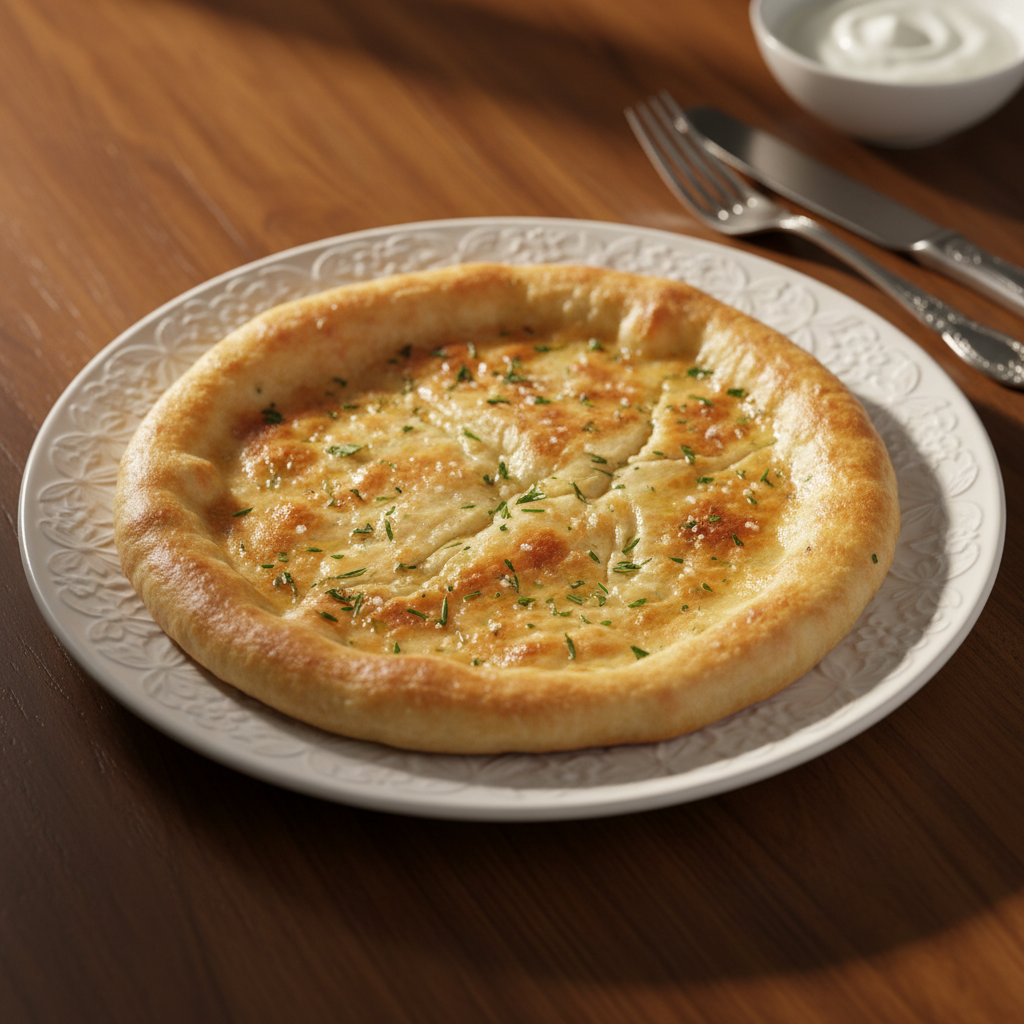 Soft freshly made flatbread on a wooden board with fresh herbs, warm natural kitchen lighting