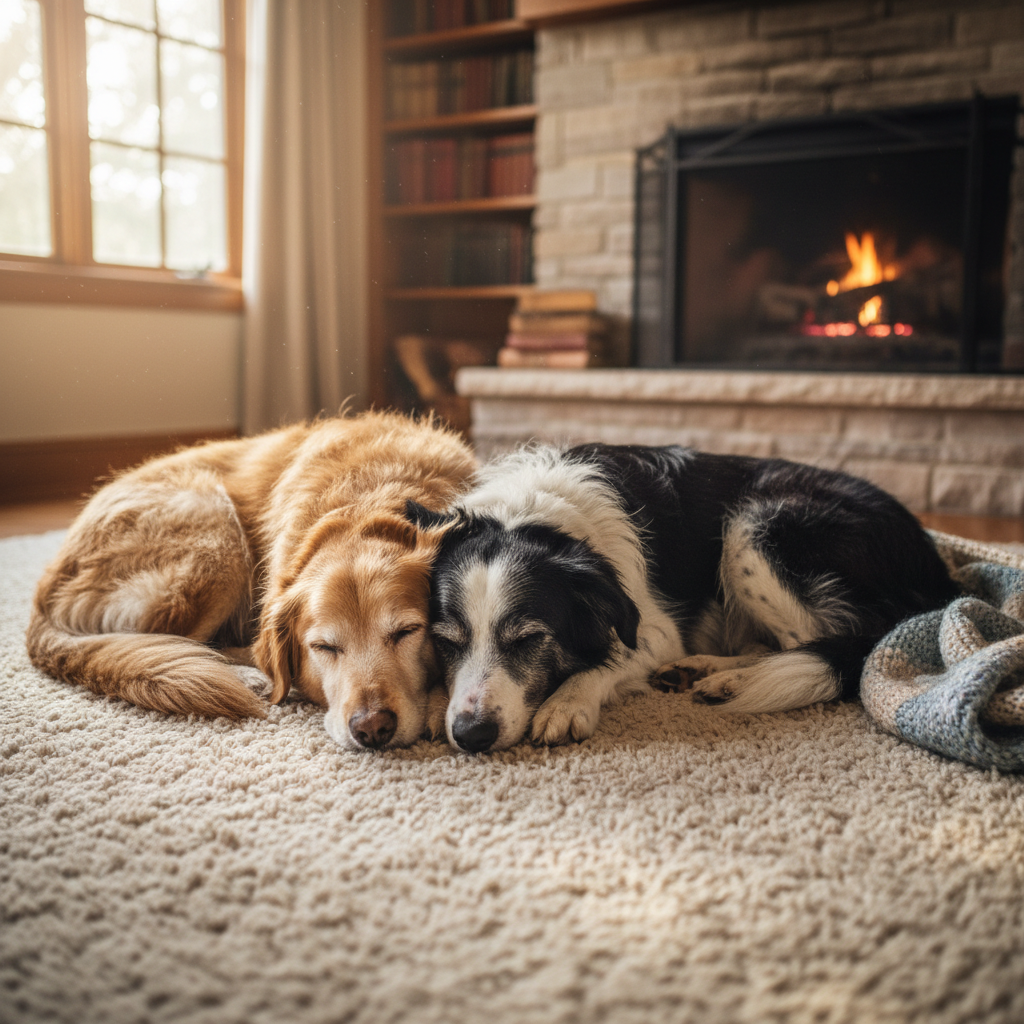 Two senior dogs resting peacefully together on a soft rug at home