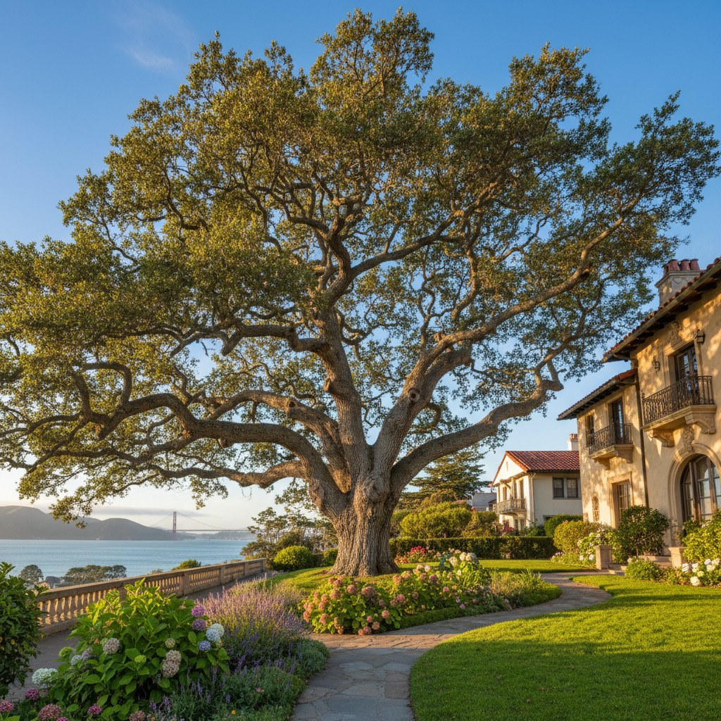 Massive heritage valley oak tree with full canopy spread over a Pacific Heights property in San Francisco