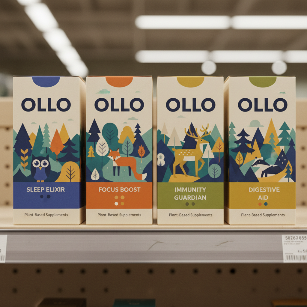 Ollo product packaging system — four SKUs with cohesive illustrated identity on retail shelf