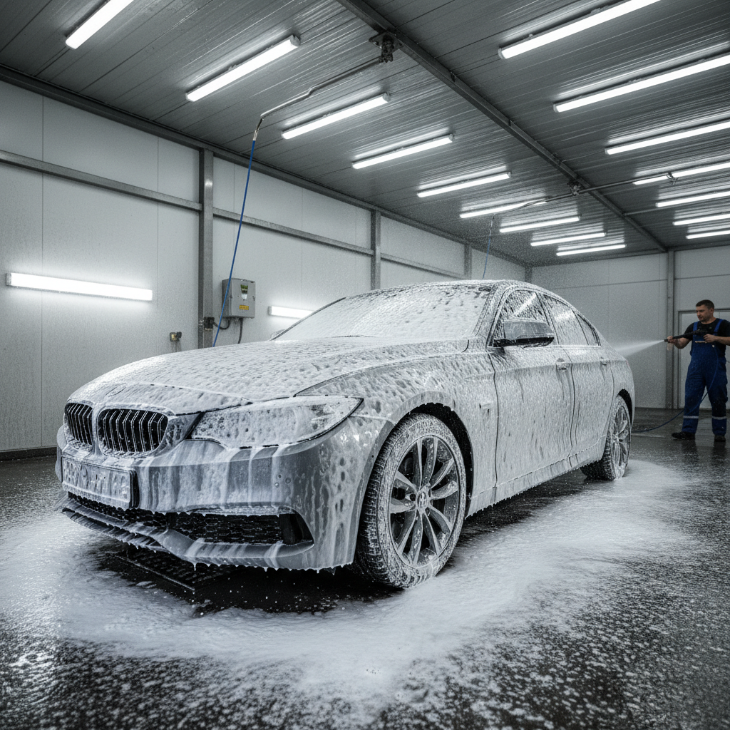 Car completely covered in thick white snow foam in a professional wash bay, dense foam dripping from panels, dark atmospheric lighting