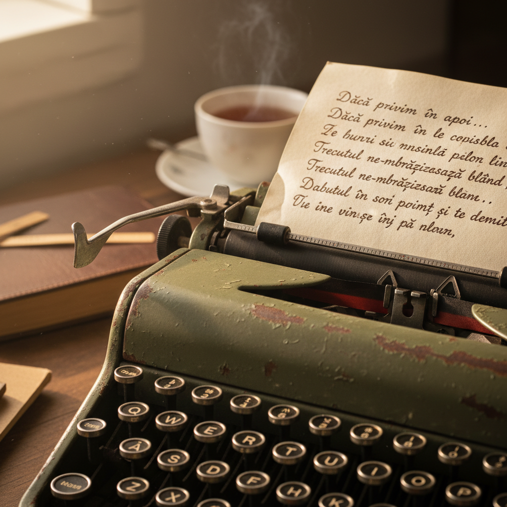 Vintage typewriter on wooden desk with paper inserted, warm atmospheric lighting, dark wood background, nostalgic cinematic
