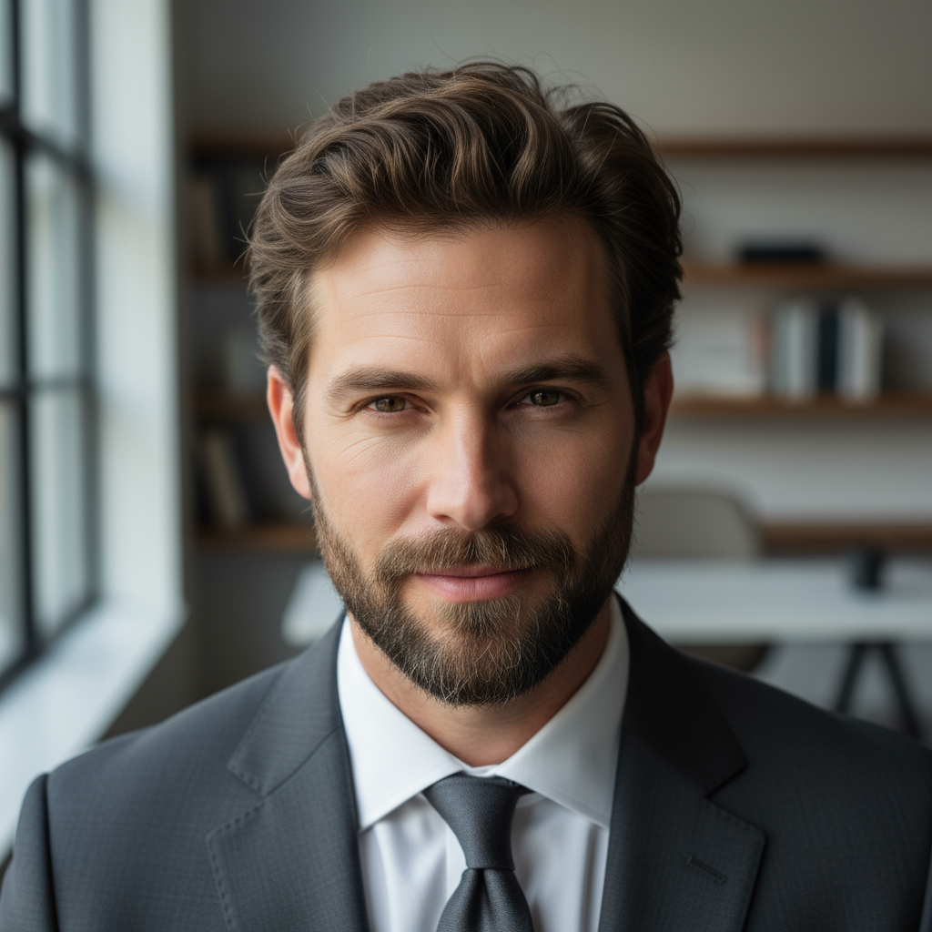 Professional headshot of Caucasian man with brown hair and beard wearing dark suit